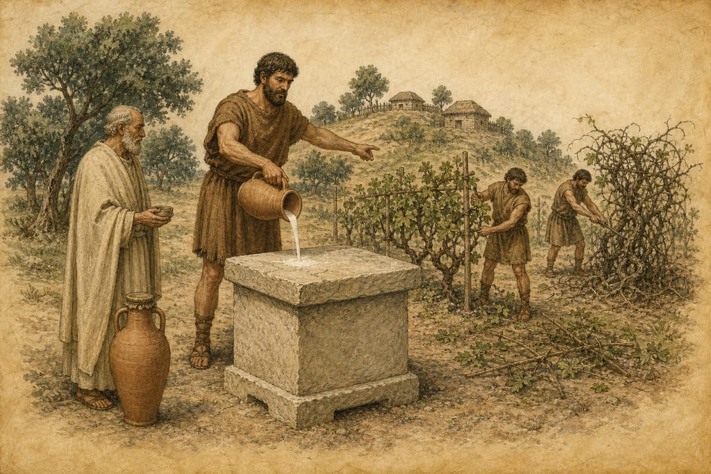 THE INSPECTION OF WINE ORDERED BY KING ROMULUS. Complete modern editorial illustration created specifically for this chapter.