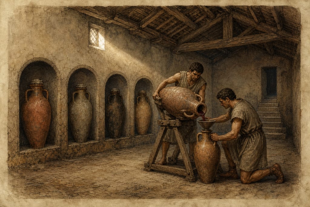SOME REMARKABLE FACTS CONNECTED WITH WINE-LOFTS. THE OPIMIAN WINE. Complete modern editorial illustration created specifically for this chapter.