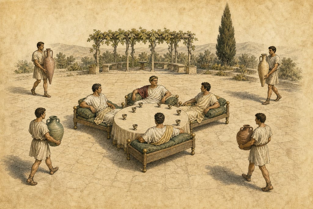 AT WHAT PERIOD FOUR KINDS OF WINE WERE FIRST SERVED AT TABLE. Complete modern editorial illustration created specifically for this chapter.