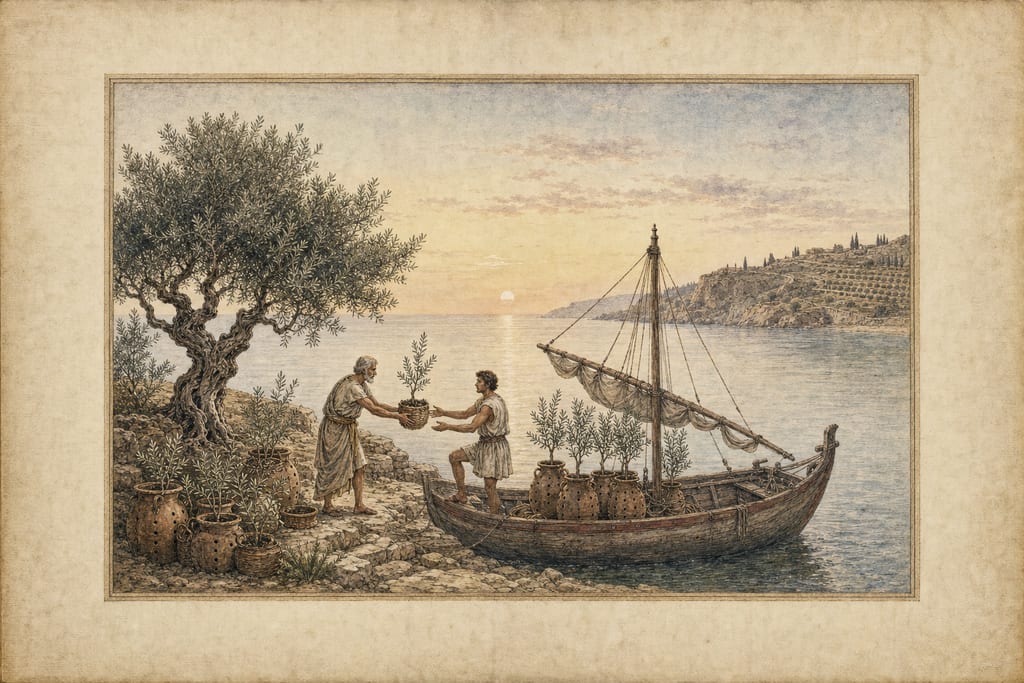 THE OLIVE.—HOW LONG IT EXISTED ONLY IN GREECE. AT WHAT PERIOD IT WAS FIRST INTRODUCED INTO ITALY, SPAIN, AND AFRICA. Complete modern editorial illustration created specifically for this chapter.