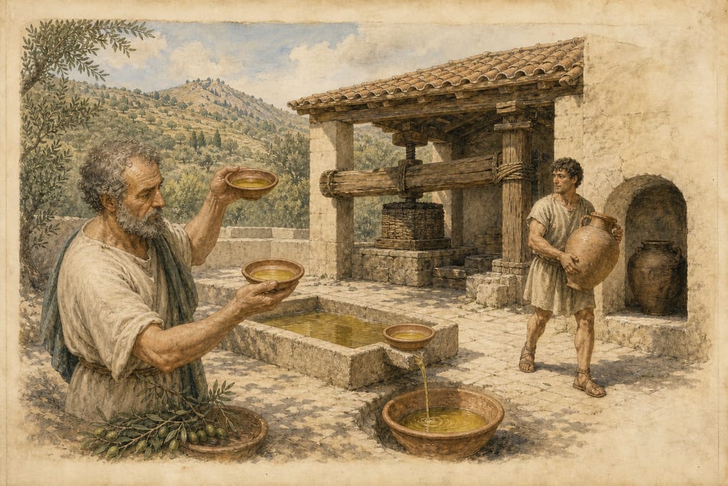 OLIVE OIL: THE COUNTRIES IN WHICH IT IS PRODUCED, AND ITS VARIOUS QUALITIES. Complete modern editorial illustration created specifically for this chapter.