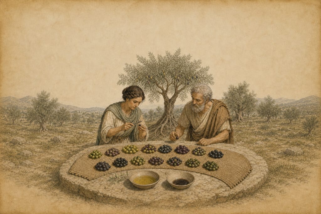 FIFTEEN VARIETIES OF OLIVES. Complete modern editorial illustration created specifically for this chapter.
