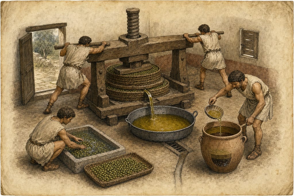 THE CULTURE OF THE OLIVE: ITS MODE OF PRESERVATION. THE METHOD OF MAKING OLIVE OIL. Complete modern editorial illustration created specifically for this chapter.