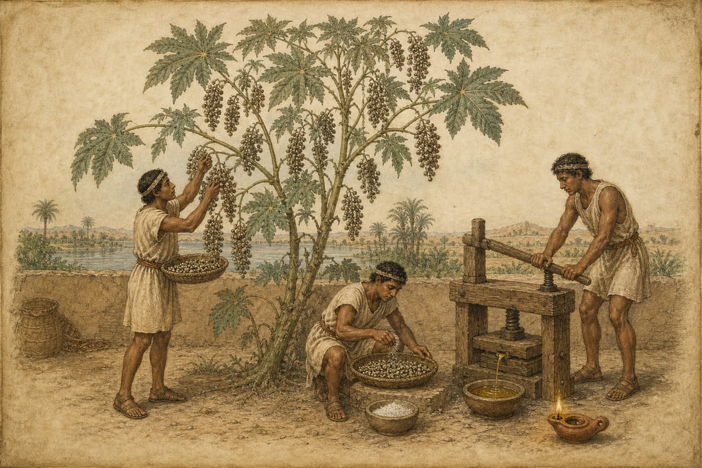 FORTY-EIGHT VARIETIES OF ARTIFICIAL OILS. THE CICUS-TREE OR CROTON, OR SILI, OR SESAMUM. Complete modern editorial illustration created specifically for this chapter.
