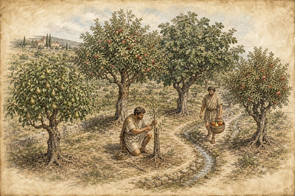 THE VARIOUS KINDS OF FRUIT-TREES AND THEIR NATURES. FOUR VARIETIES OF PINE-NUTS. Complete modern editorial illustration created specifically for this chapter.
