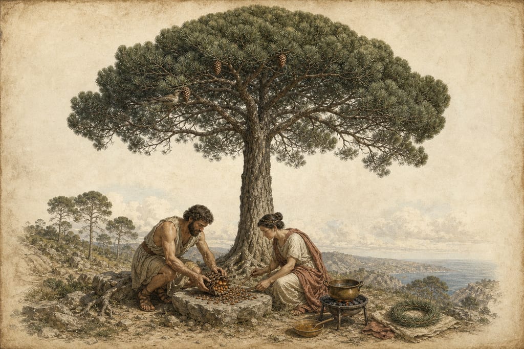 THE VARIOUS KINDS OF FRUIT-TREES AND THEIR NATURES. FOUR VARIETIES OF PINE-NUTS. Complete modern editorial illustration created specifically for this chapter.