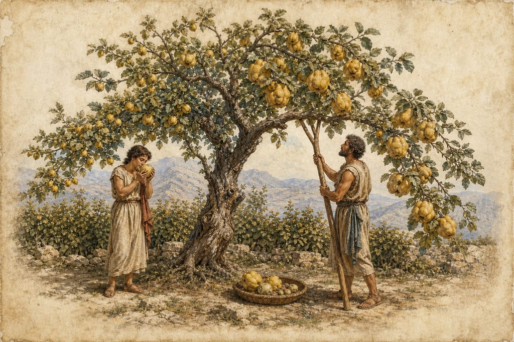 THE QUINCE. FOUR KINDS OF CYDONIA, AND FOUR VARIETIES OF THE STRUTHEA. Complete modern editorial illustration created specifically for this chapter.