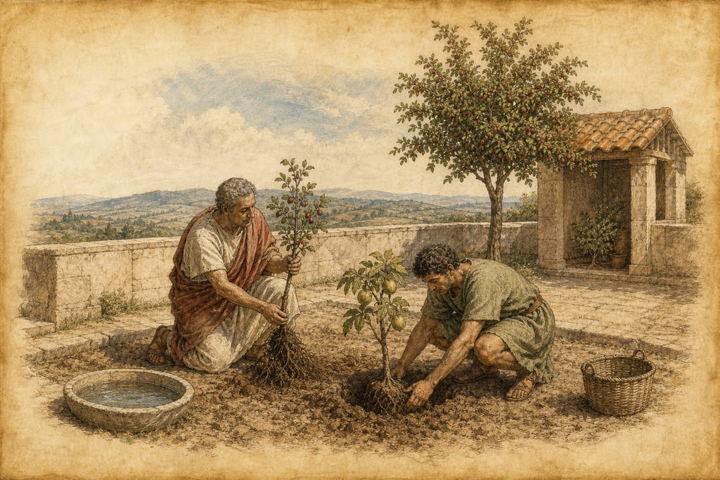 THIRTY DIFFERENT KINDS OF POMES. AT WHAT PERIOD FOREIGN FRUITS WERE FIRST INTRODUCED INTO ITALY, AND WHENCE. Complete modern editorial illustration created specifically for this chapter.