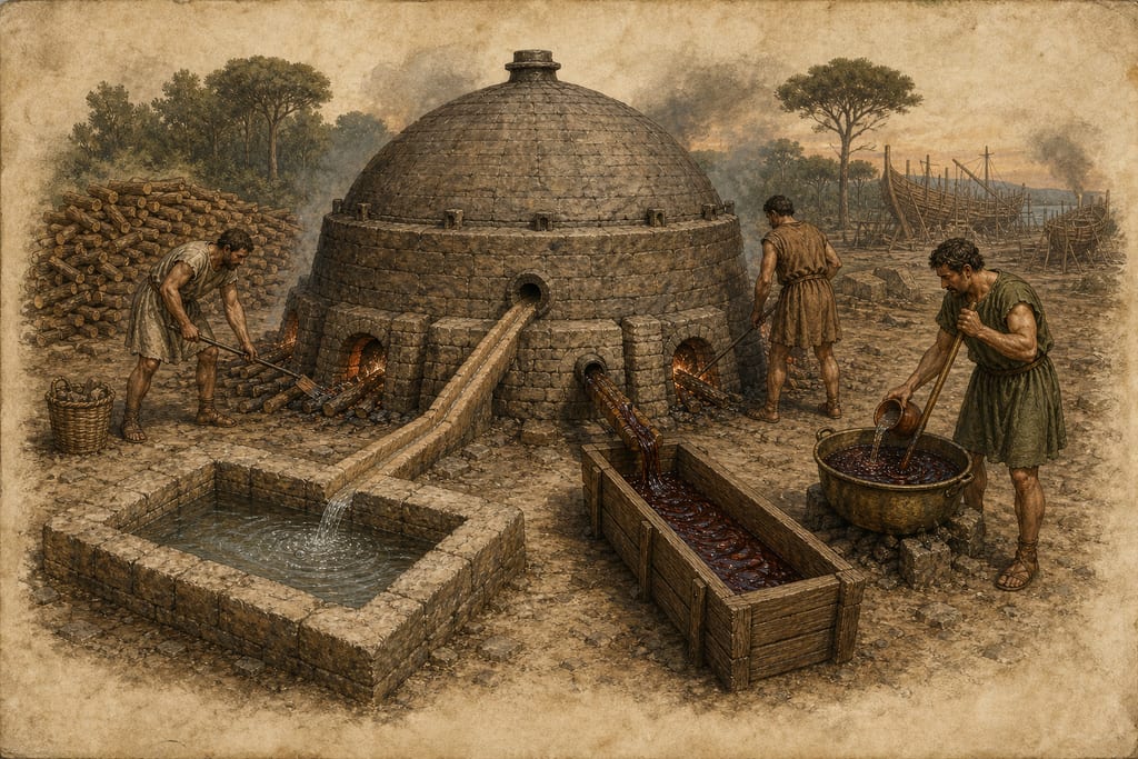 METHODS OF MAKING TAR—HOW CEDRIUM IS MADE. Complete modern editorial illustration created specifically for this chapter.