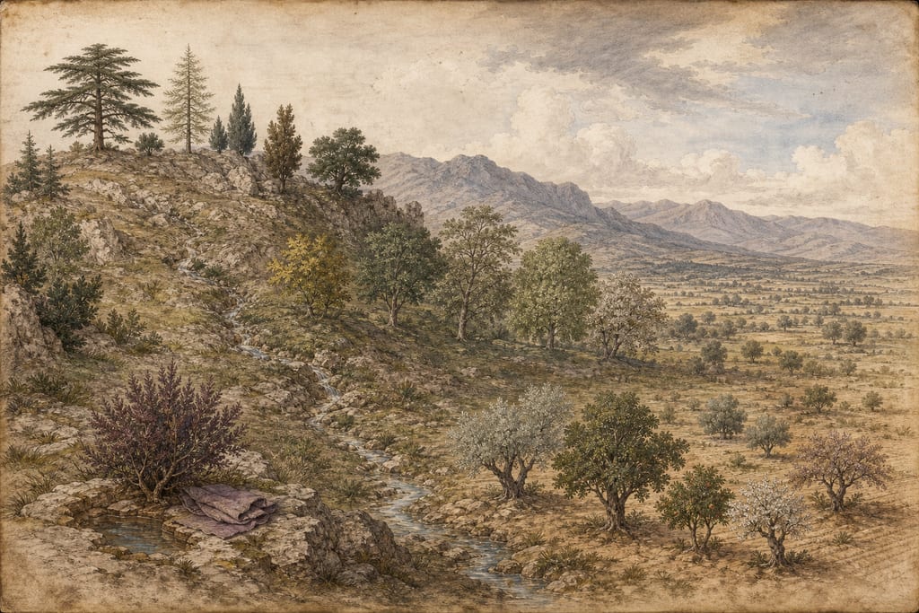 THE NATURES OF THE VARIOUS TREES ACCORDING TO THEIR LOCALITIES: THE MOUNTAIN TREES, AND THE TREES OF THE PLAIN. Complete modern editorial illustration created specifically for this chapter.
