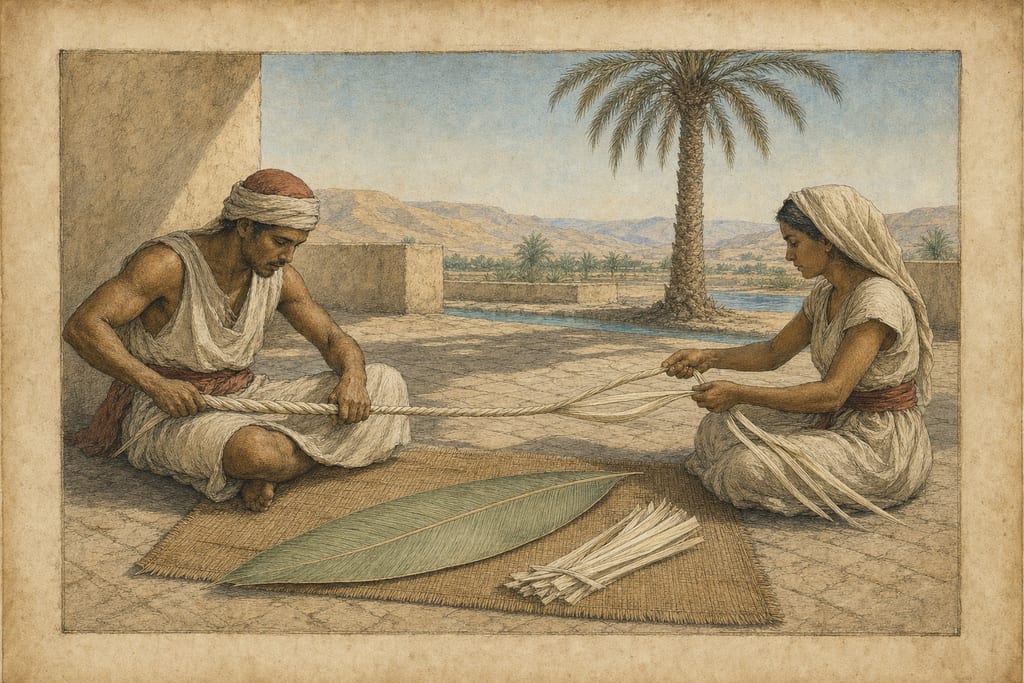 THE CARE BESTOWED ON THE LEAVES OF THE PALM, AND THE USES TO WHICH THEY ARE APPLIED. Complete modern editorial illustration created specifically for this chapter.
