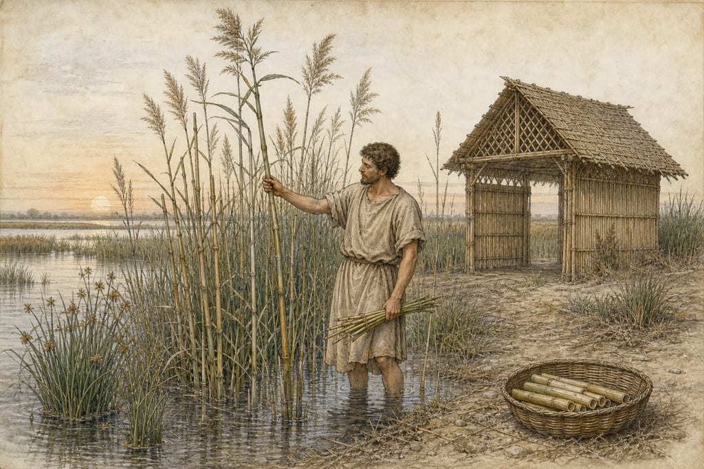WATER PLANTS: THE RUSH: TWENTY-EIGHT VARIETIES OF THE REED. Complete modern editorial illustration created specifically for this chapter.