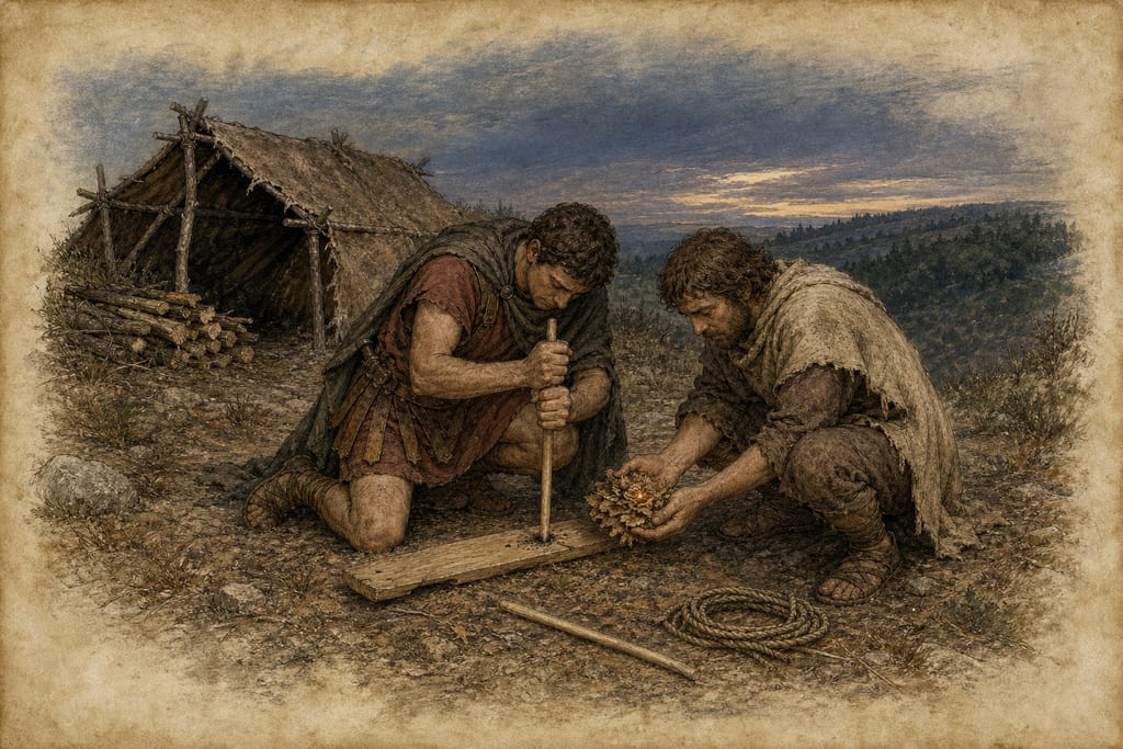 METHODS OF OBTAINING FIRE FROM WOOD. Complete modern editorial illustration created specifically for this chapter.