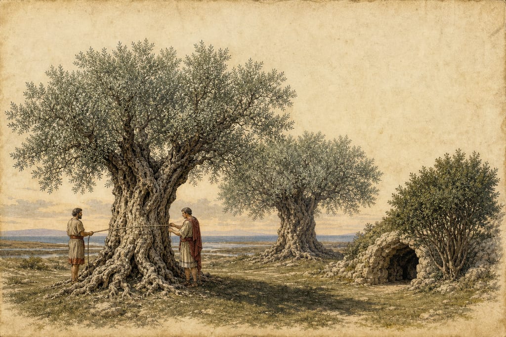 THE AGE OF TREES. A TREE THAT WAS PLANTED BY THE FIRST SCIPIO AFRICANUS. A TREE AT ROME FIVE HUNDRED YEARS OLD. Complete modern editorial illustration created specifically for this chapter.