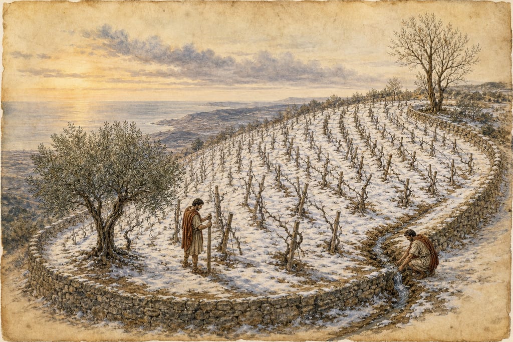 THE INFLUENCE OF WEATHER UPON THE TREES: WHAT IS THE PROPER SITUATION FOR THE VINE. Complete modern editorial illustration created specifically for this chapter.