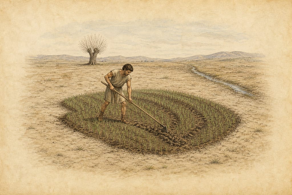 THE METHODS OF HARROWING, STUBBING, AND HOEING, EMPLOYED FOR EACH DESCRIPTION OF GRAIN. THE USE OF THE HARROW. Complete modern editorial illustration created specifically for this chapter.