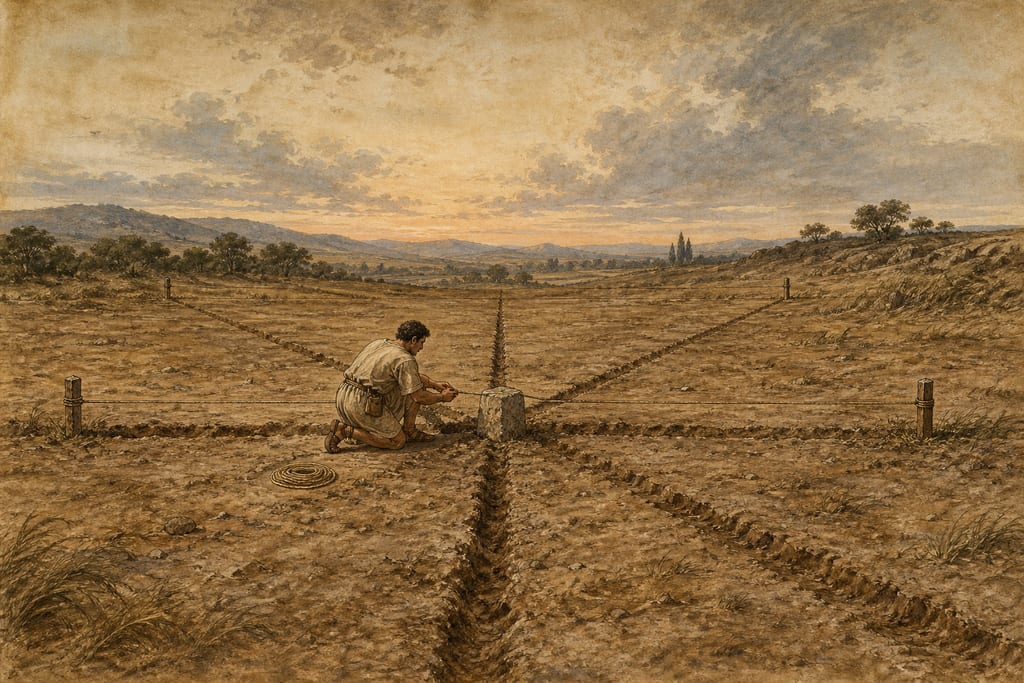 THE LAYING OUT OF LANDS ACCORDING TO THE POINTS OF THE WIND. Complete modern editorial illustration created specifically for this chapter.
