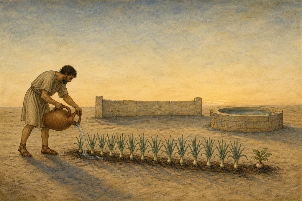 THE PROPER METHOD OF WATERING GARDENS. Complete modern editorial illustration created specifically for this chapter.