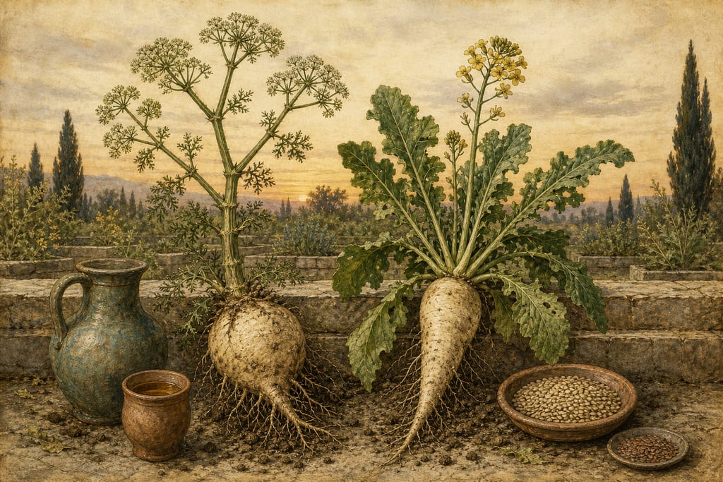 TURNIPS; THOSE KNOWN AS BUNION AND BUNIAS: FIVE REMEDIES. Complete modern editorial illustration created specifically for this chapter.