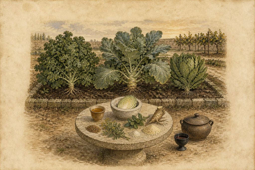 THE CABBAGE: EIGHTY-SEVEN REMEDIES. RECIPES MENTIONED BY CATO. Complete modern editorial illustration created specifically for this chapter.