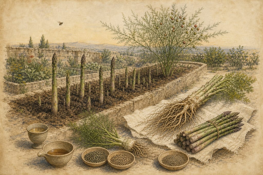 GARDEN ASPARAGUS; WITH THE NEXT TWENTY-FOUR REMEDIES. Complete modern editorial illustration created specifically for this chapter.