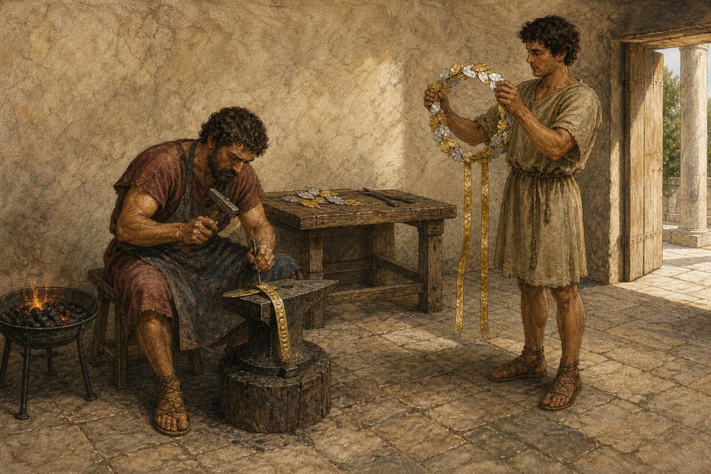 WHO WAS THE FIRST TO GIVE CHAPLETS WITH LEAVES OF SILVER AND GOLD. LEMNISCI: WHO WAS THE FIRST TO EMBOSS THEM. Complete modern editorial illustration created specifically for this chapter.