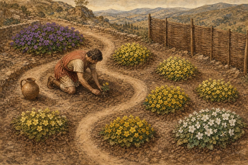 HOW THE SEVERAL VARIETIES OF THE VIOLET ARE RESPECTIVELY PRODUCED, GROWN, AND CULTIVATED. THE THREE DIFFERENT COLOURS OF THE VIOLET. THE FIVE VARIETIES OF THE YELLOW VIOLET. Complete modern editorial illustration created specifically for this chapter.