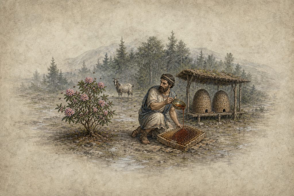POISONED HONEY, AND THE REMEDIES TO BE EMPLOYED BY THOSE WHO HAVE EATEN OF IT. Complete modern editorial illustration created specifically for this chapter.