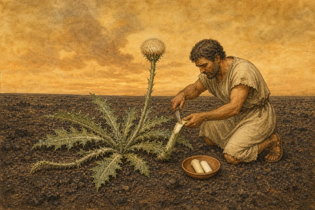THE CARDUUS, THE ACORNA, THE PHONOS, THE LEUCACANTHOS, THE CHALCEOS, THE CNECOS, THE POLYACANTHOS, THE ONOPYXOS, THE HELXINE, THE SCOLYMOS, THE CHAMÆLEON, THE TETRALIX, AND ACANTHICE MASTICHE. Complete modern editorial illustration created specifically for this chapter.