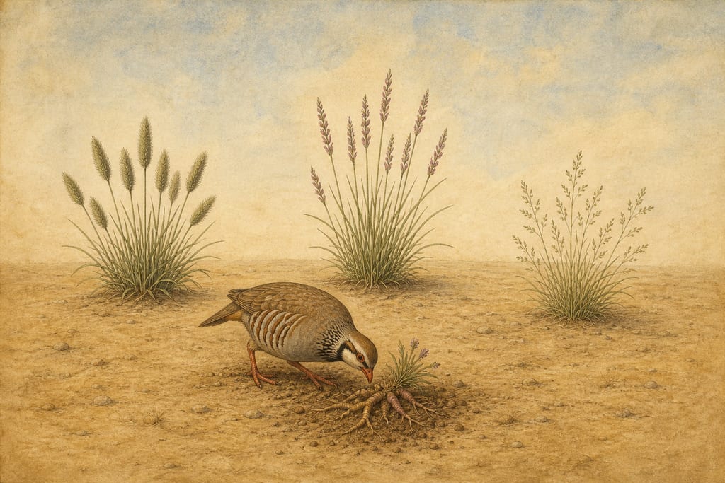 THE VARIOUS KINDS OF EARED PLANTS: THE STANYOPS; THE ALOPECUROS; THE STELEPHUROS, ORTYX, OR PLANTAGO; THE THRYALLIS. Complete modern editorial illustration created specifically for this chapter.