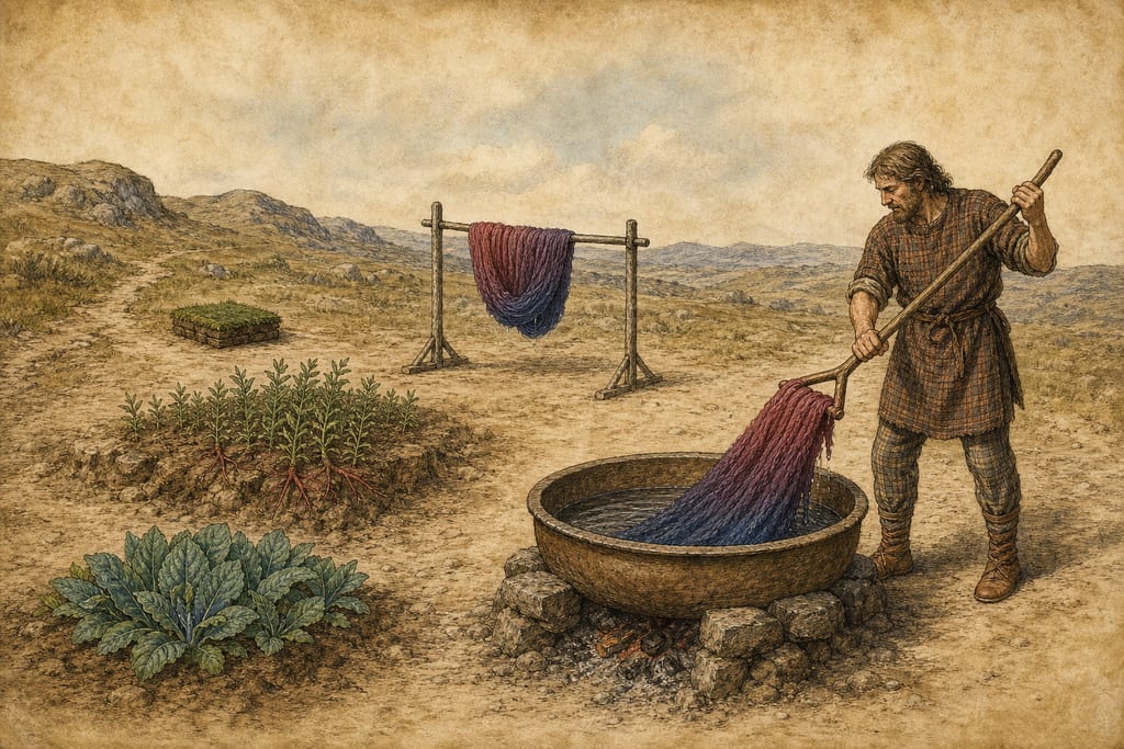 EMPLOYMENT OF PLANTS FOR DYEING. EXPLANATION OF THE TERMS SAGMEN, VERBENA, AND CLARIGATIO. Complete modern editorial illustration created specifically for this chapter.