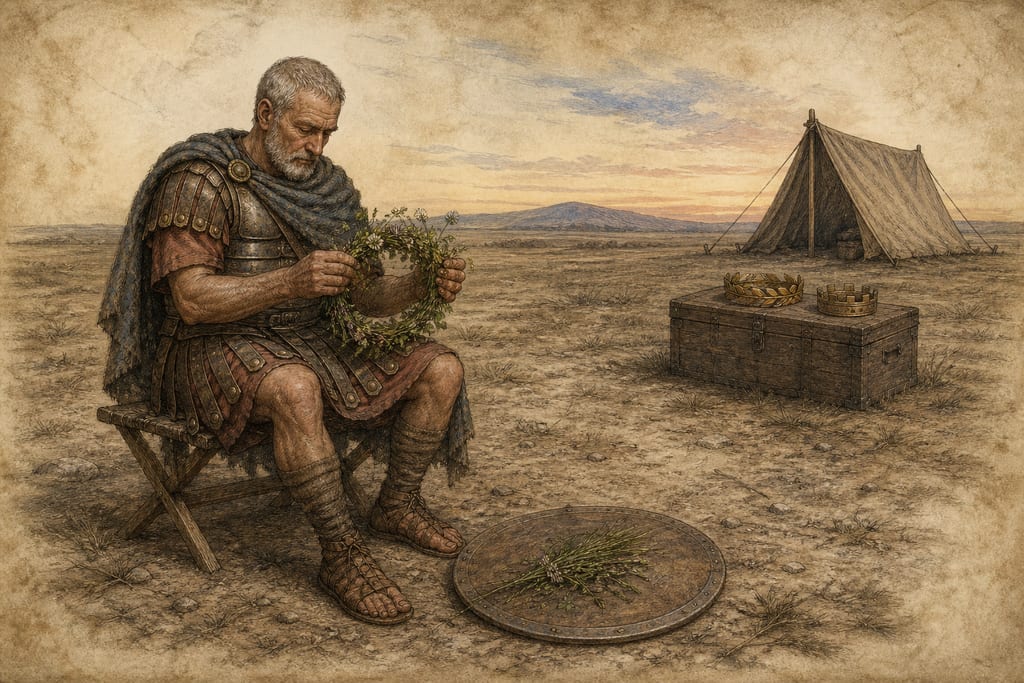 THE GRASS CROWN: HOW RARELY IT HAS BEEN AWARDED. Complete modern editorial illustration created specifically for this chapter.
