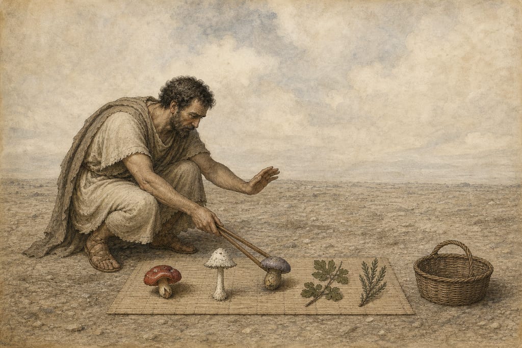 FUNGI; SIGNS BY WHICH THE VENOMOUS KINDS MAY BE RECOGNIZED: NINE REMEDIES. Complete modern editorial illustration created specifically for this chapter.