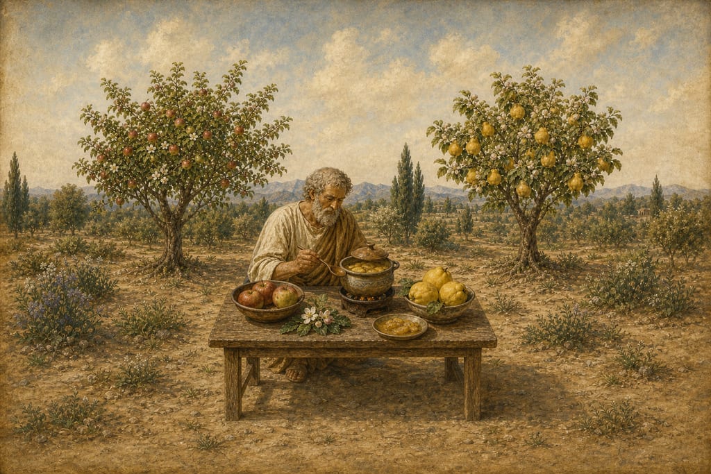 REMEDIES DERIVED PROM THE BLOSSOMS, LEAVES, FRUIT, BRANCHES, BARK, JUICES, WOOD, ROOTS, AND ASHES OF VARIOUS KINDS OF TREES. SIX OBSERVATIONS UPON APPLES. TWENTY-TWO OBSERVATIONS UPON QUINCES. ONE OBSERVATION UPON STRUTHEA. Complete modern editorial illustration created specifically for this chapter.