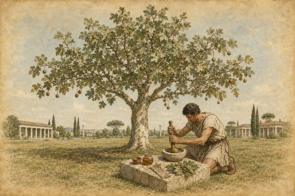 THE PLANE-TREE: TWENTY-FIVE REMEDIES. Complete modern editorial illustration created specifically for this chapter.