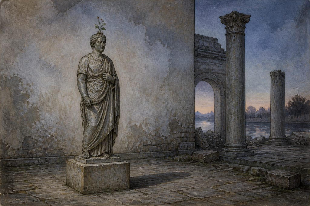 A PLANT GROWING ON THE HEAD OF A STATUE: ONE REMEDY. Complete modern editorial illustration created specifically for this chapter.
