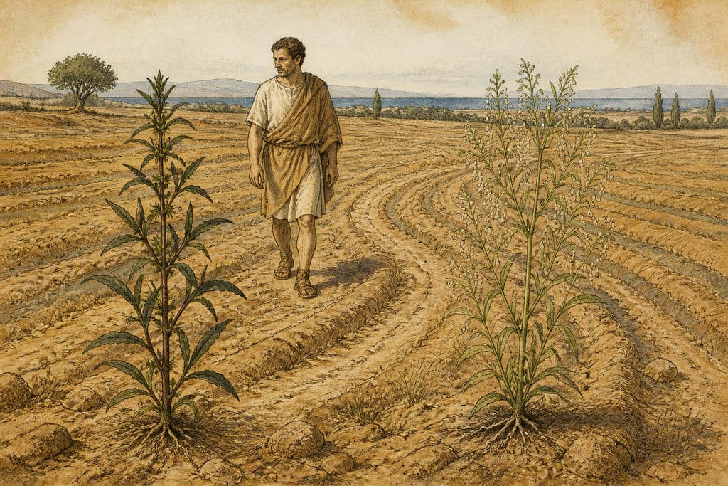 LINOZOSTIS, PARTHENION, HERMUPOA, OR MERCURIALIS; TWO VARIETIES OF IT: TWENTY-TWO REMEDIES. Complete modern editorial illustration created specifically for this chapter.