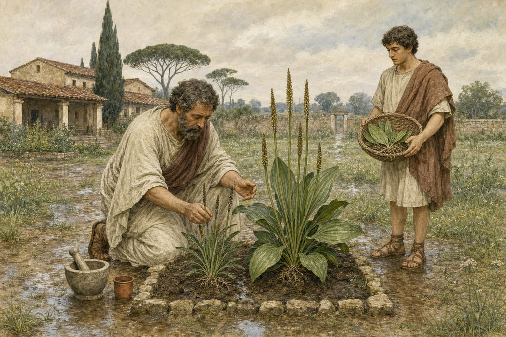 TWO VARIETIES OF THE PLANTAGO: FORTY-SIX REMEDIES. Complete modern editorial illustration created specifically for this chapter.