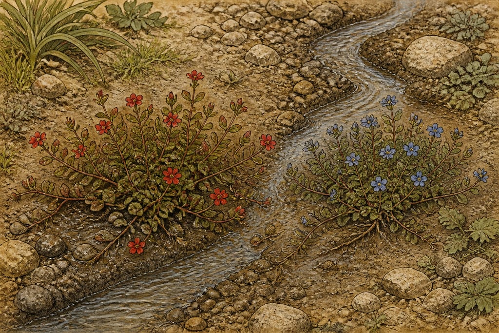 THE ANAGALLIS, OR CORCHORON; TWO VARIETIES OF IT: SIX REMEDIES. Complete modern editorial illustration created specifically for this chapter.