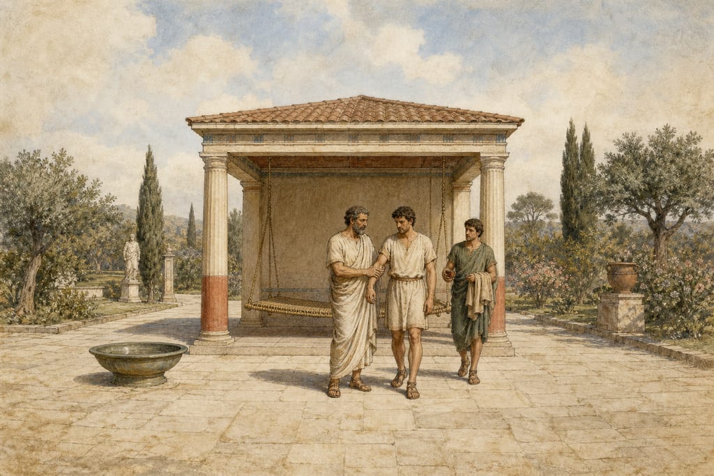 THE NEW SYSTEM OF MEDICINE: ASCLEPIADES THE PHYSICIAN. Complete modern editorial illustration created specifically for this chapter.