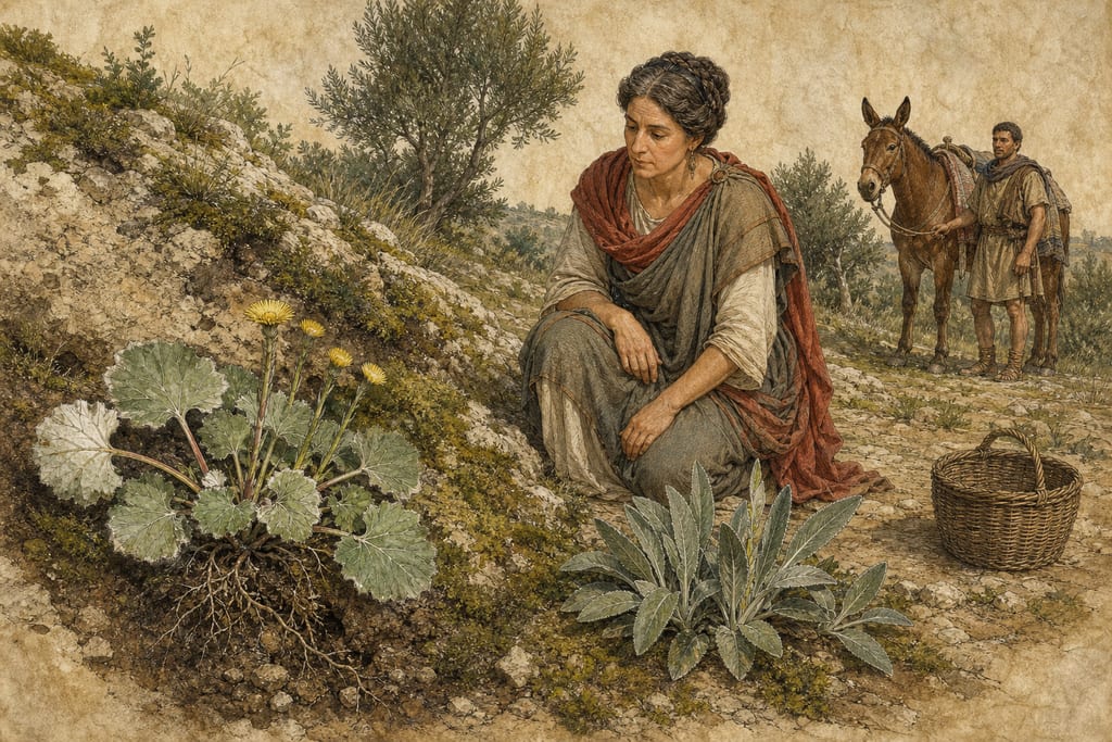 BECHION, OTHERWISE KNOWN AS ARCION, CHAMÆLEUCE OR TUSSILAGO: THREE REMEDIES. Complete modern editorial illustration created specifically for this chapter.