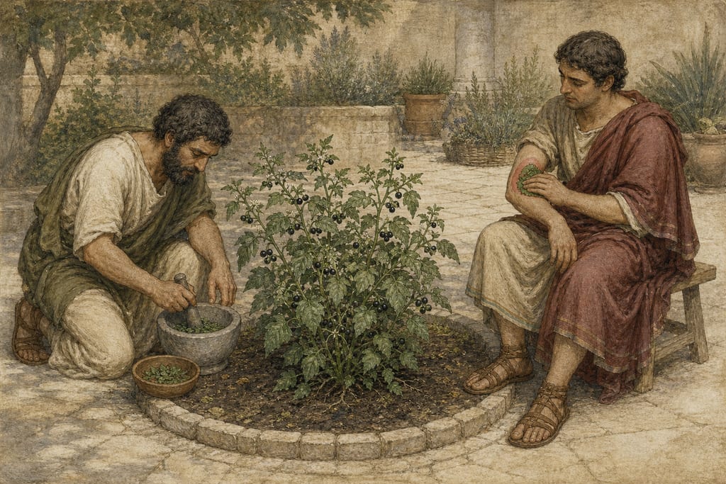 THE SOLANUM, BY THE GREEKS CALLED STRYCHNON: TWO REMEDIAL PROPERTIES. Complete modern editorial illustration created specifically for this chapter.