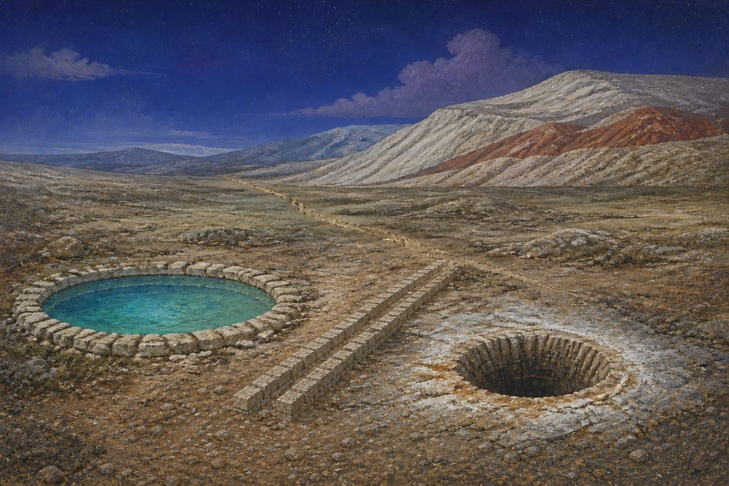 HISTORICAL OBSERVATIONS UPON WATERS WHICH HAVE SUDDENLY MADE THEIR APPEARANCE OR SUDDENLY CEASED. Complete modern editorial illustration created specifically for this chapter.