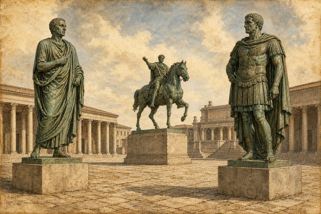 THE DIFFERENT KINDS AND FORMS OF STATUES. STATUES AT ROME WITH CUIRASSES. Complete modern editorial illustration created specifically for this chapter.