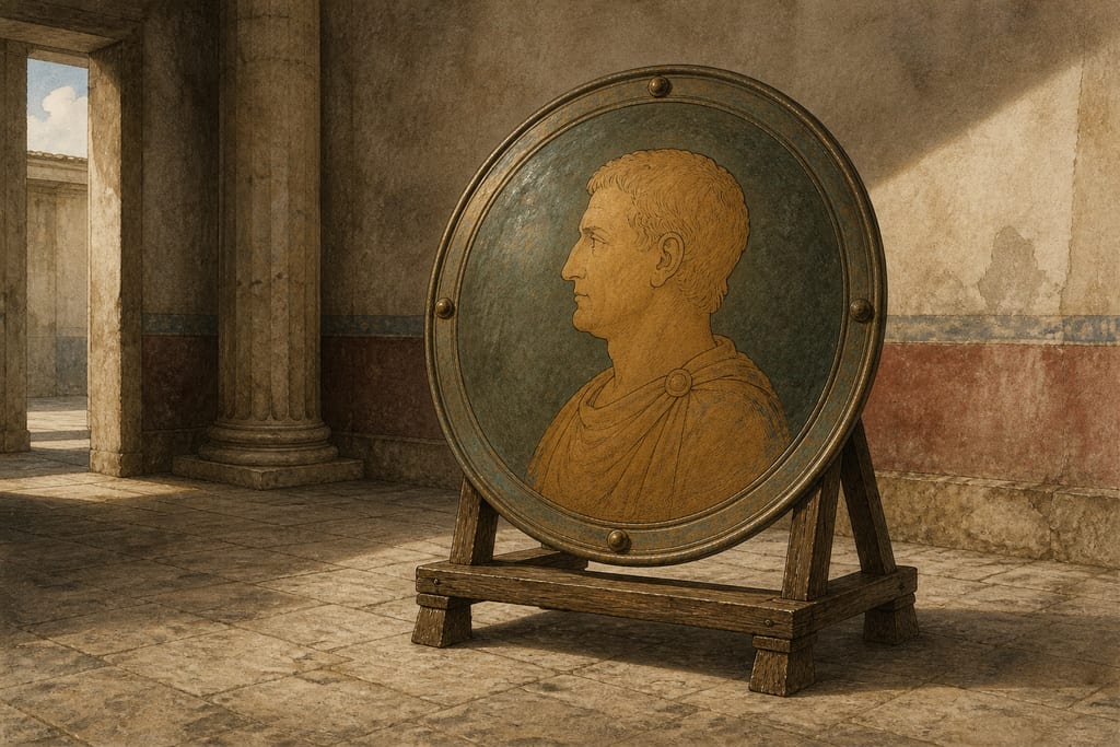 WHEN SHIELDS WERE FIRST INVENTED WITH PORTRAITS UPON THEM; AND WHEN THEY WERE FIRST ERECTED IN PUBLIC. Complete modern editorial illustration created specifically for this chapter.