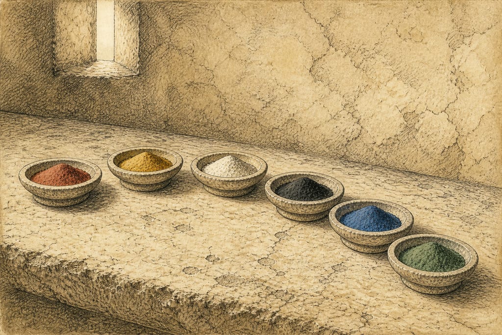 PIGMENTS OTHER THAN THOSE OF A METALLIC ORIGIN. ARTIFICIAL COLOURS. Complete modern editorial illustration created specifically for this chapter.