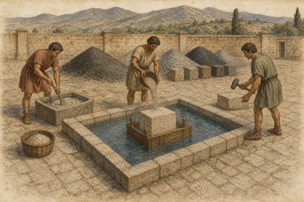 VARIOUS KINDS OF EARTH, THE PUTEOLAN DUST, AND OTHER EARTHS OF WHICH CEMENTS LIKE STONE ARE MADE. Complete modern editorial illustration created specifically for this chapter.