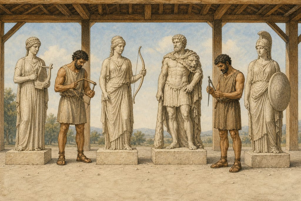 THE FIRST ARTISTS WHO EXCELLED IN THE SCULPTURE OF MARBLE, AND THE VARIOUS PERIODS AT WHICH THEY FLOURISHED. THE MAUSOLEUM IN CARIA. THE MOST CELEBRATED SCULPTORS AND WORKS IN MARBLE, TWO HUNDRED AND TWENTY-FIVE IN NUMBER. Complete modern editorial illustration created specifically for this chapter.