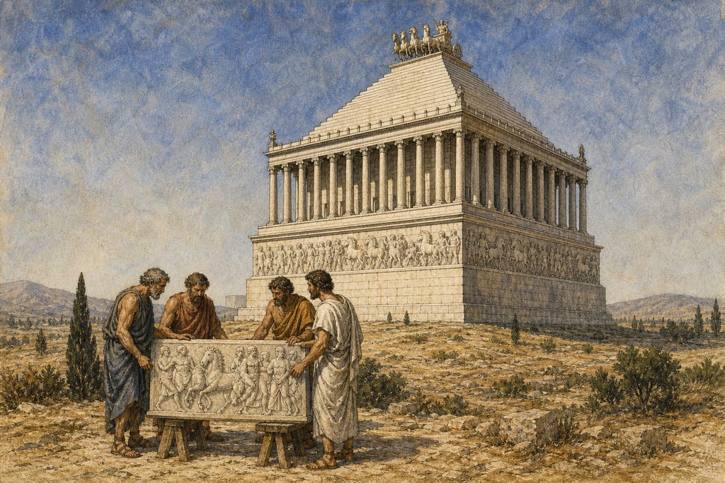 THE FIRST ARTISTS WHO EXCELLED IN THE SCULPTURE OF MARBLE, AND THE VARIOUS PERIODS AT WHICH THEY FLOURISHED. THE MAUSOLEUM IN CARIA. THE MOST CELEBRATED SCULPTORS AND WORKS IN MARBLE, TWO HUNDRED AND TWENTY-FIVE IN NUMBER. Complete modern editorial illustration created specifically for this chapter.