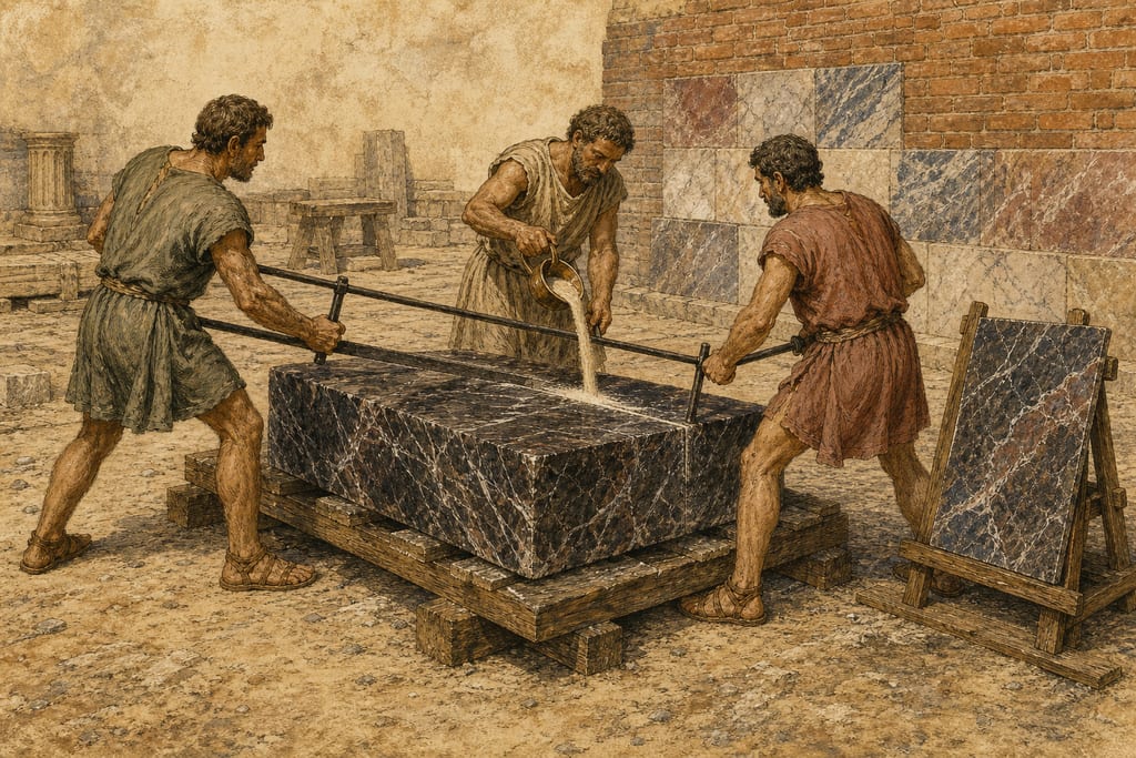 AT WHAT PERIOD MARBLE WAS FIRST USED IN BUILDINGS. Complete modern editorial illustration created specifically for this chapter.